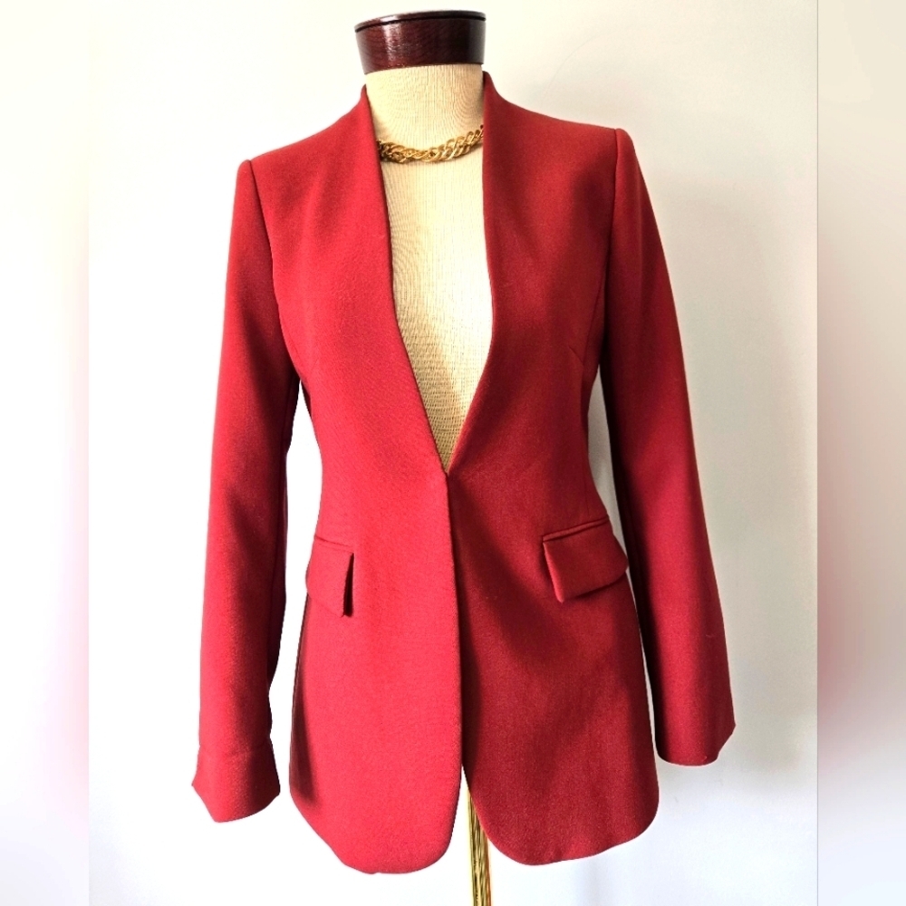 Zara Bergundy Deep V Collarless Blazer. Size Small